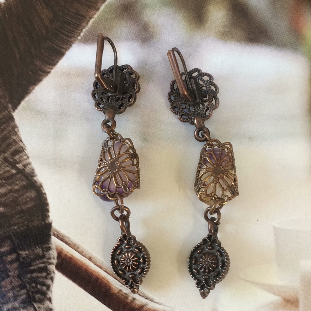 Natural stone , Swarovski  rhinestones with natural brass  and stone earrings - Picture 3 of 6